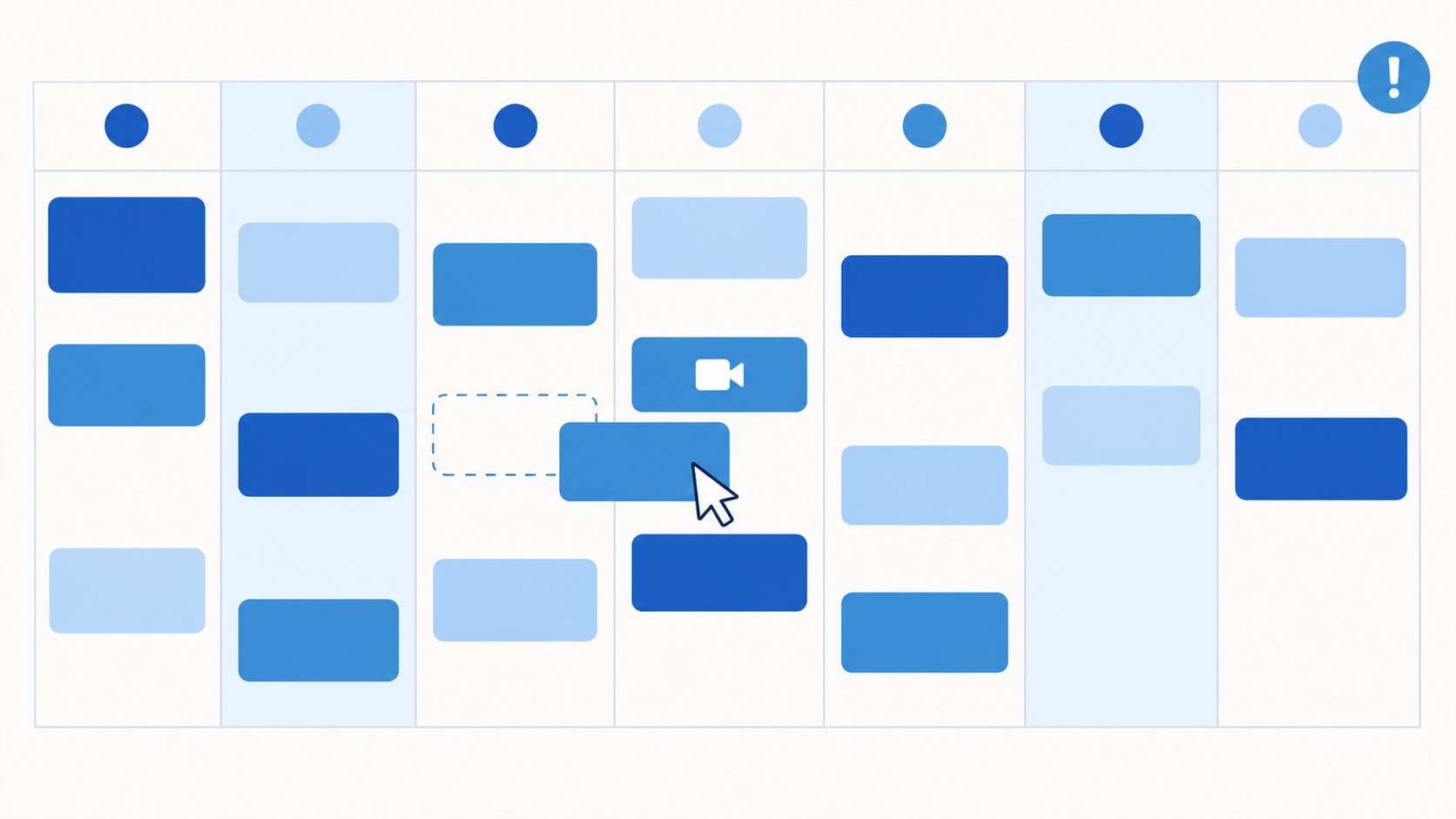 Bizstim weekly calendar with colour-coded lessons, shaded availability, a dragged lesson and a conflict warning