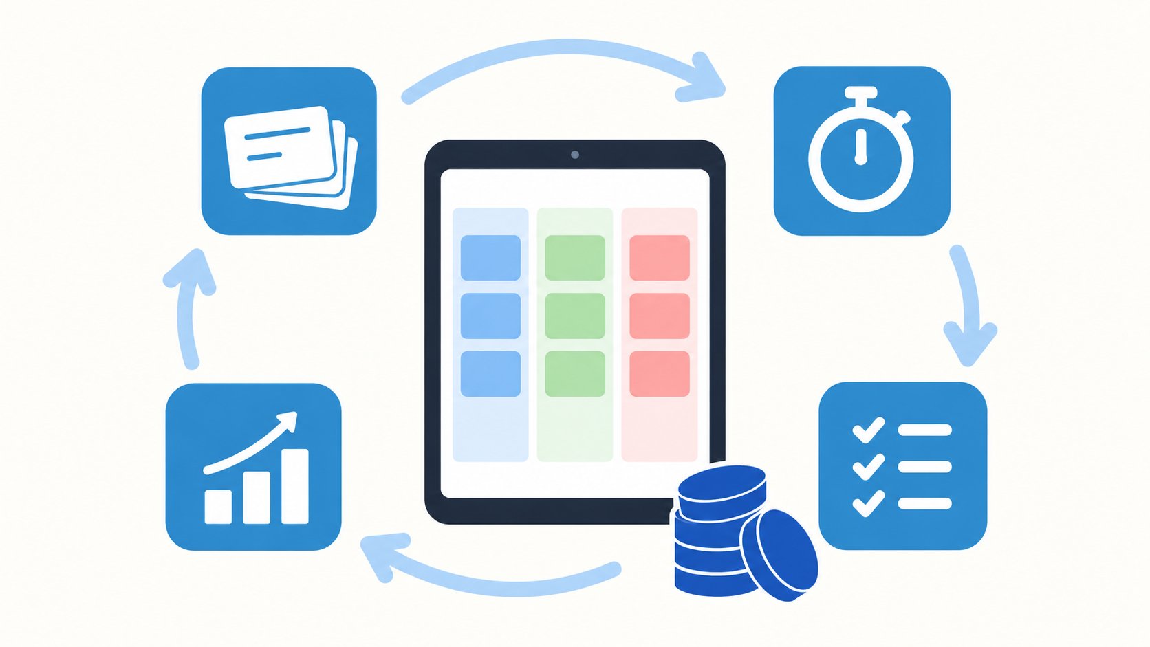 Smart Learn study tools loop: flashcards, timer, checklist and progress, with learner subscription revenue