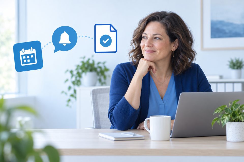 Small business owner at her front desk with scheduling, reminders and payments taken care of