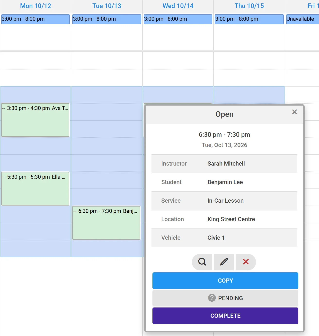 An instructor's week with one lesson open: student, service, vehicle and the complete button