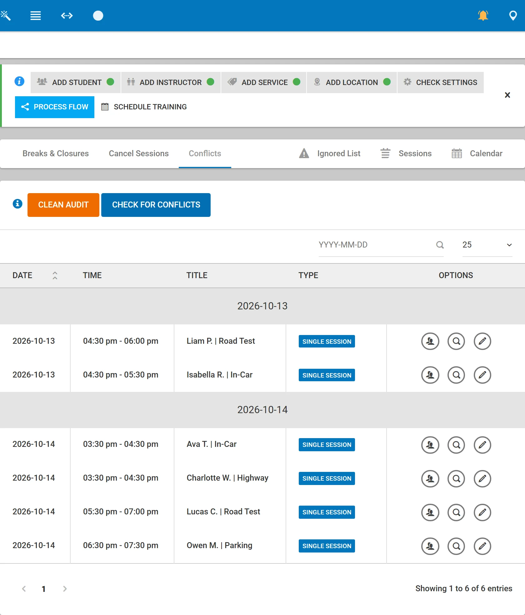 The conflict center listing a car booked for two lessons at once, with the warning bell lit at the top of the page