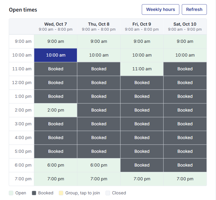 The open times grid on the booking page, with open times in green, booked times in grey and 10:00 am picked
