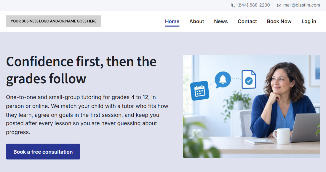 A Bizstim business website home page with Home, About, News, Contact, Book Now and Log in in the menu