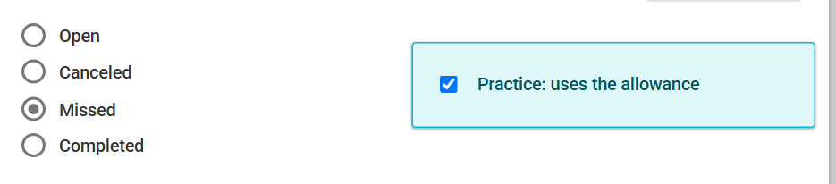 A session marked Missed with the tick box that decides whether it uses the plan allowance
