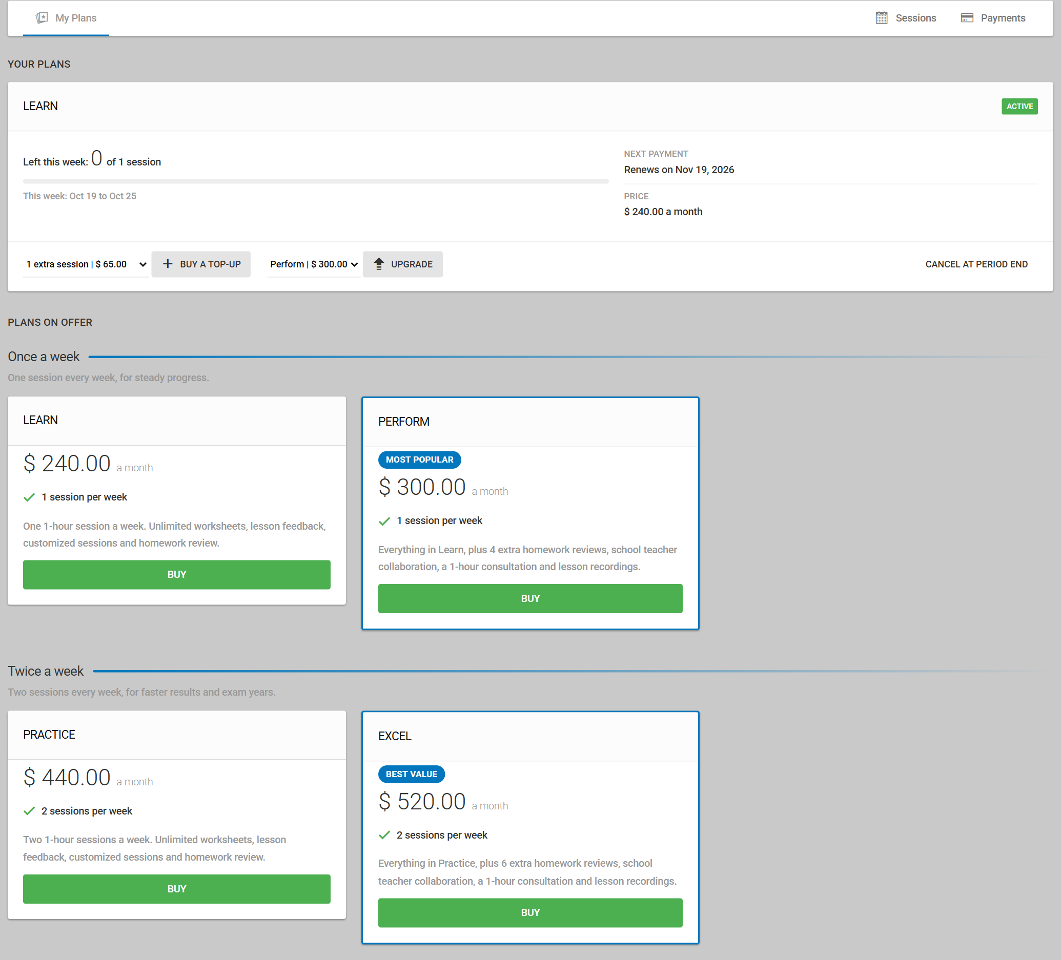 My Plans in the student portal with sessions left this week, the next payment date, top-up and upgrade options, and plans on offer