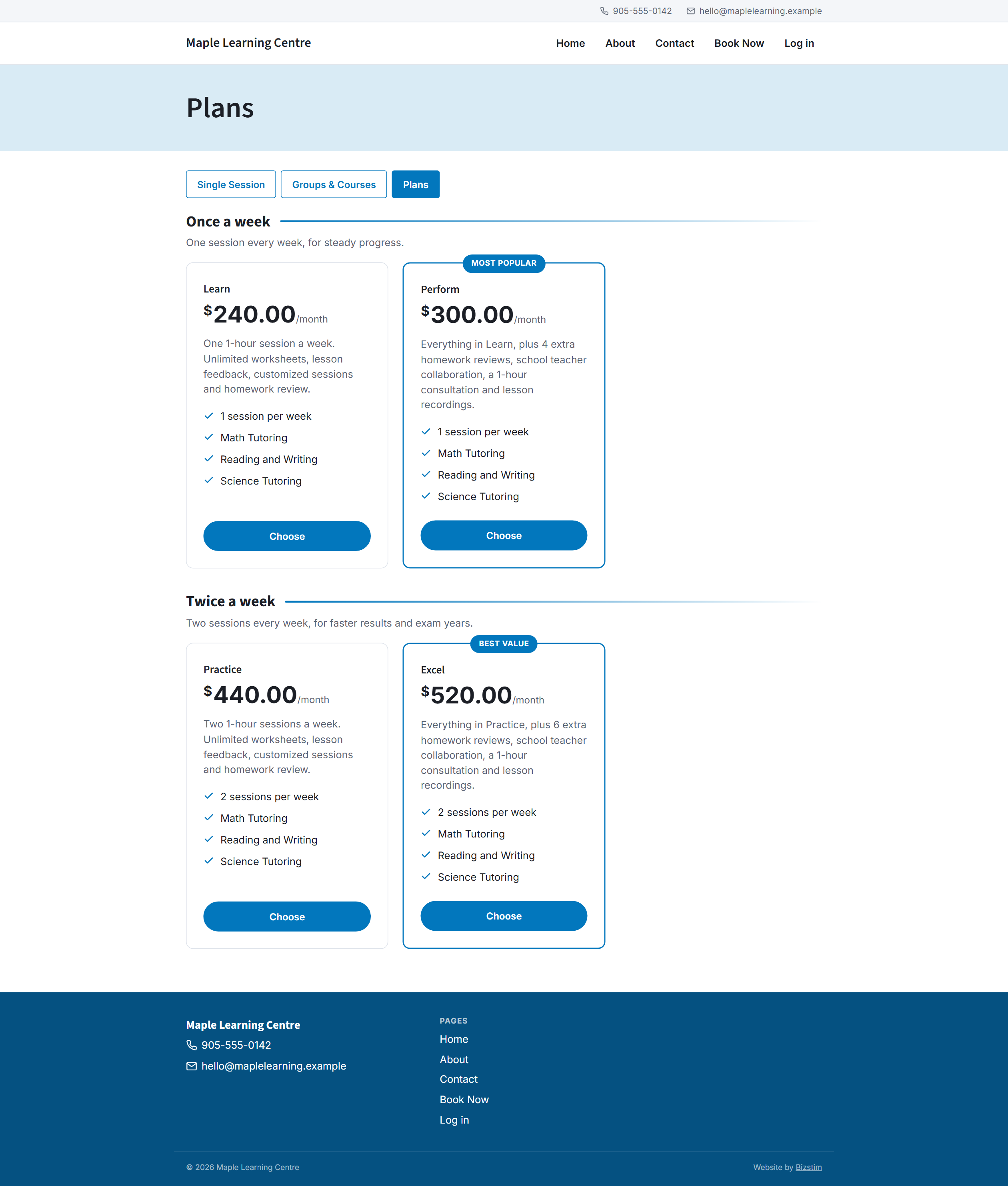 The public Plans page on a branded booking site, with plan cards under category headings and a Most popular label