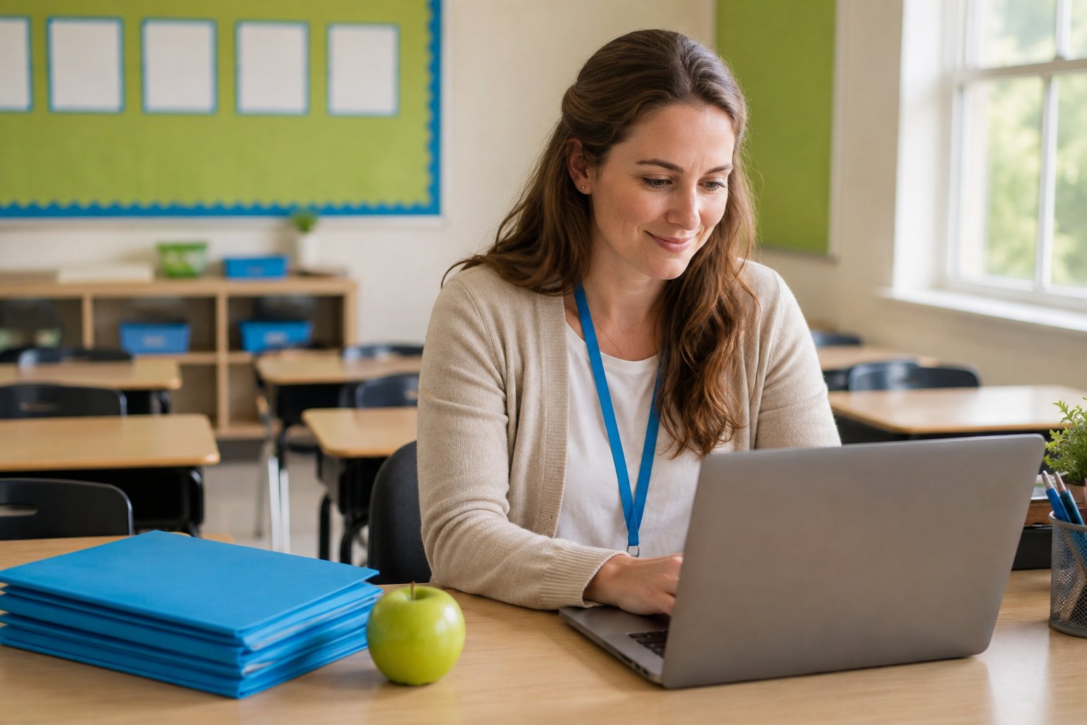 A teacher reading a parent's introduction email at her classroom desk during the first week of school