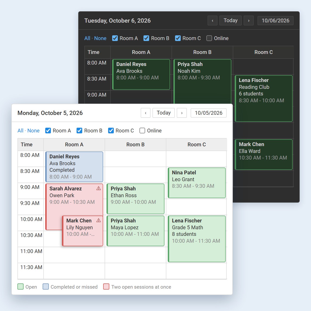 The Room Availability grid in light and dark mode, one column for each room