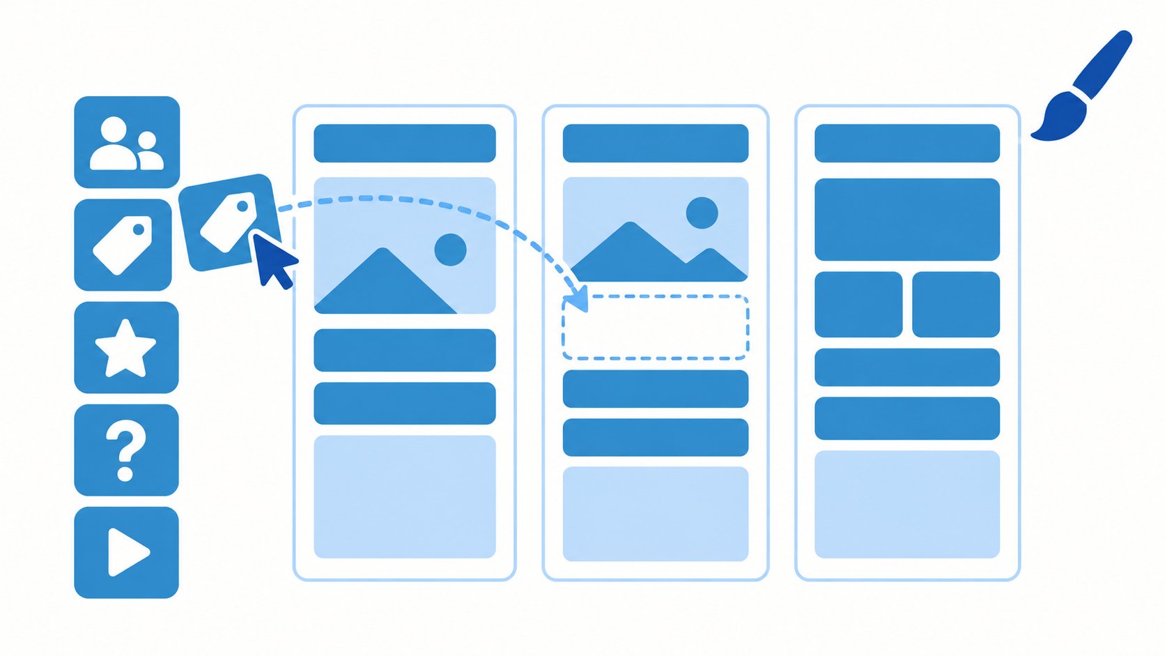 Website builder page board: widgets for team, prices, testimonials, questions and videos dragged onto website pages